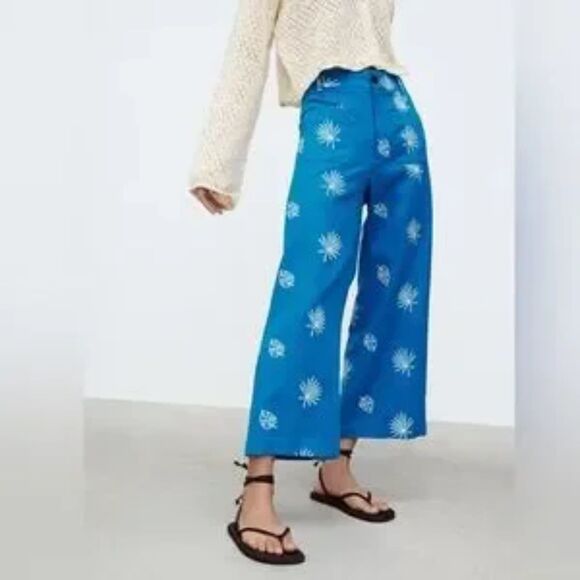NWT Zara Women's Linen Blend Embroidered Wide Leg Pants Culottes with Pockets - Picture 4 of 13